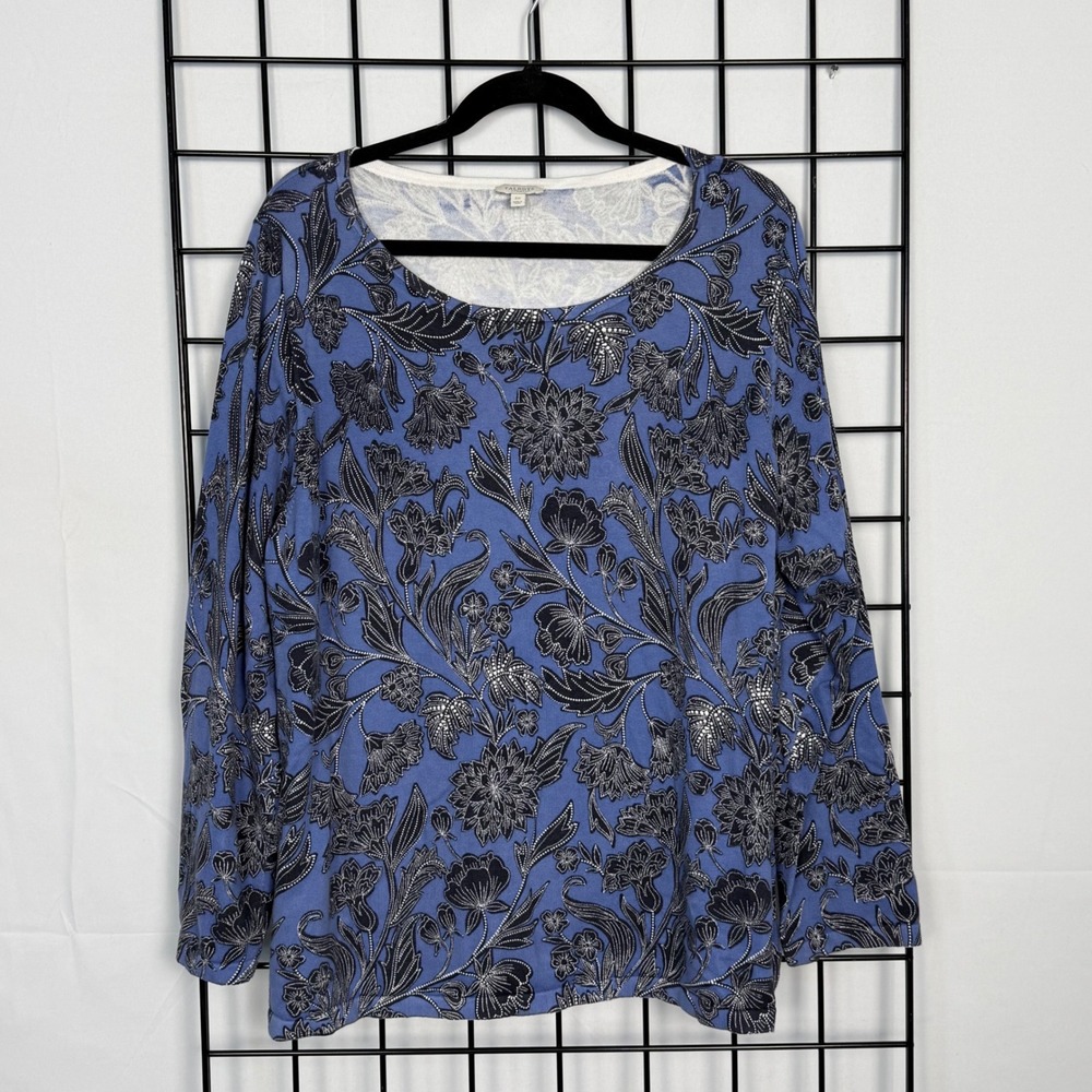 Talbots Plus Top Womens 3X Blue Floral Paisley Long Sleeve Cotton Knit Crew Neck